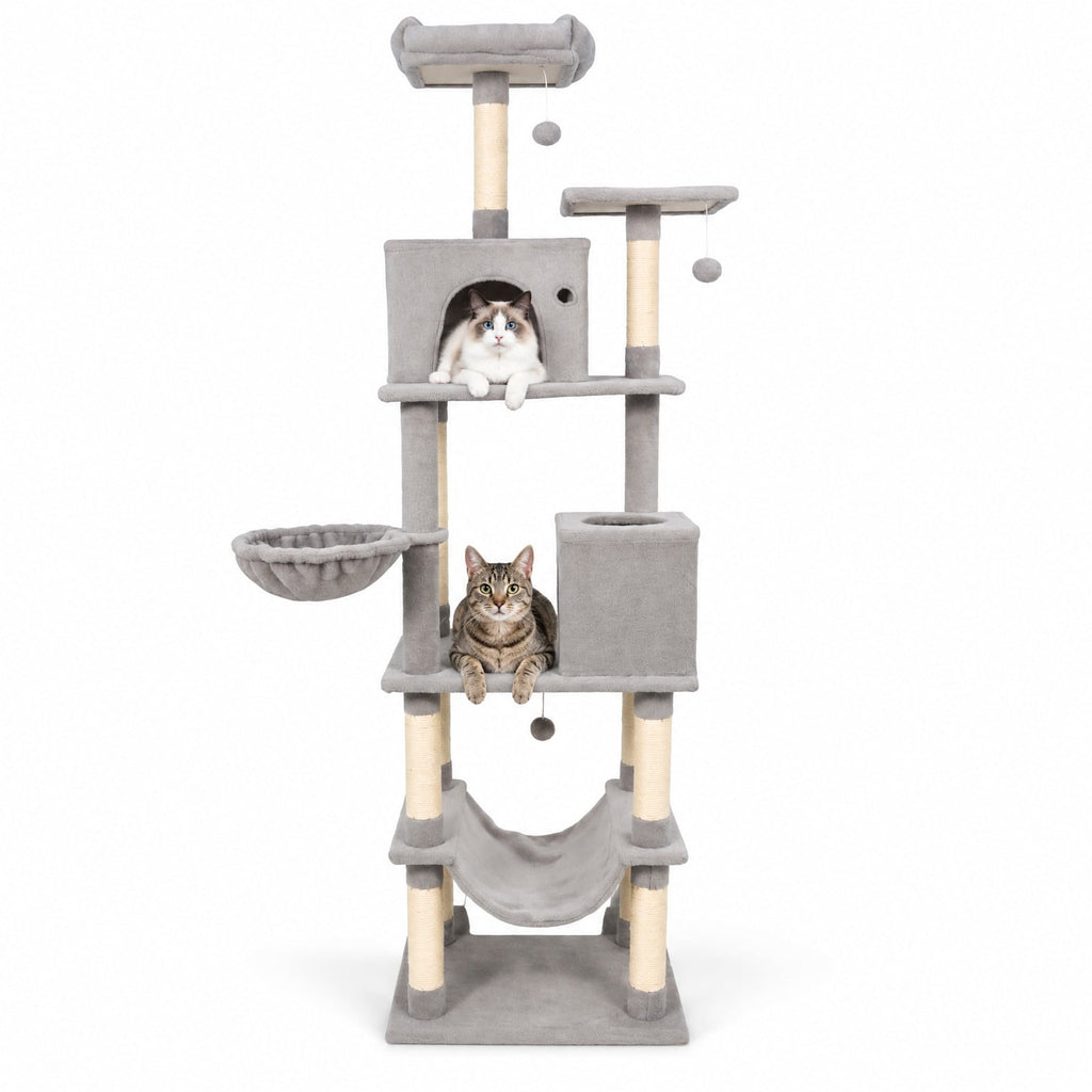 Airfind 80 Inches Tall Cat Tree with 2 Large Condos and Dangling Toys, 33 lbs Capacity, Engineered Board Sisal Plush Fabric Sponge Frame, Light Gray