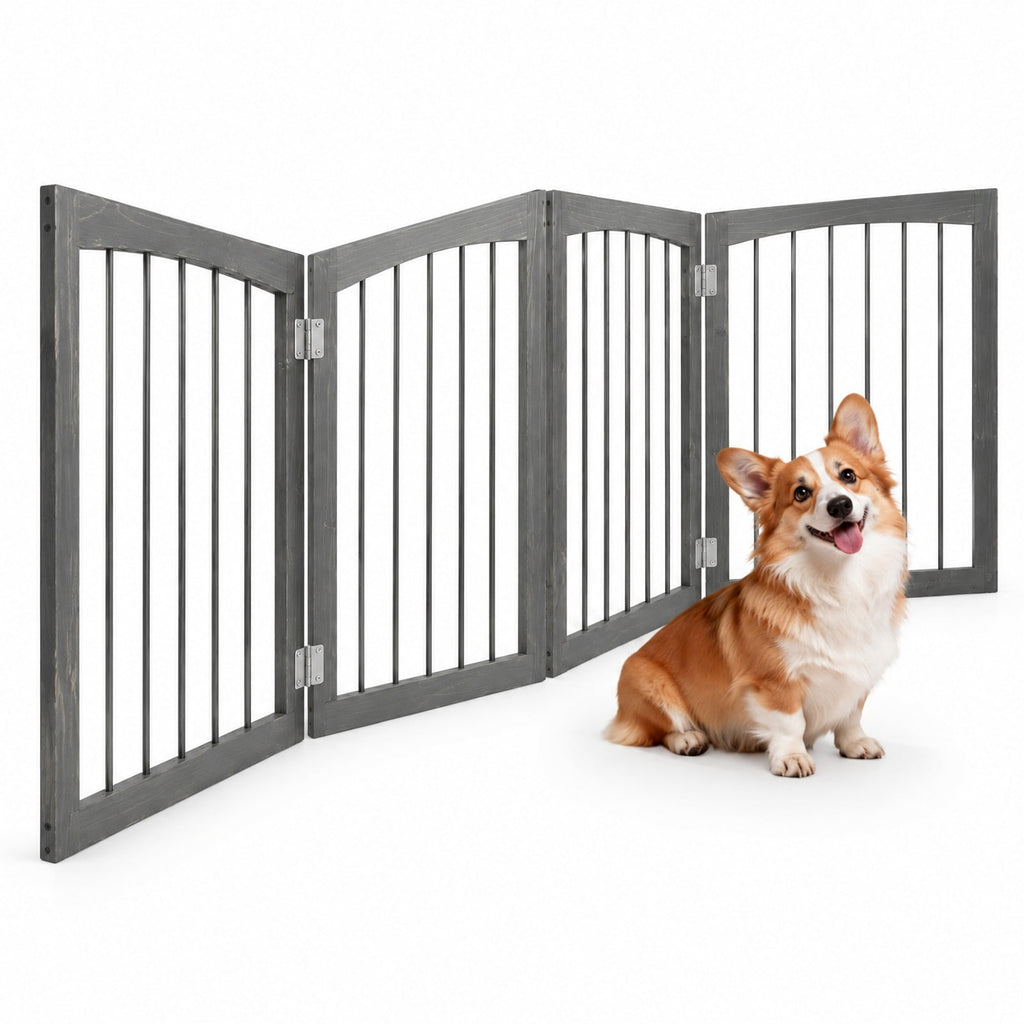 Airfind Wooden Pet Fence, 83 inch L x 30 inch H Dog Gate 4-Panel, for Indoor, Fir Wood Fully Expandable Frame, 21 Inch x 2.2 Inch x 30 Inch Footprint, Gray