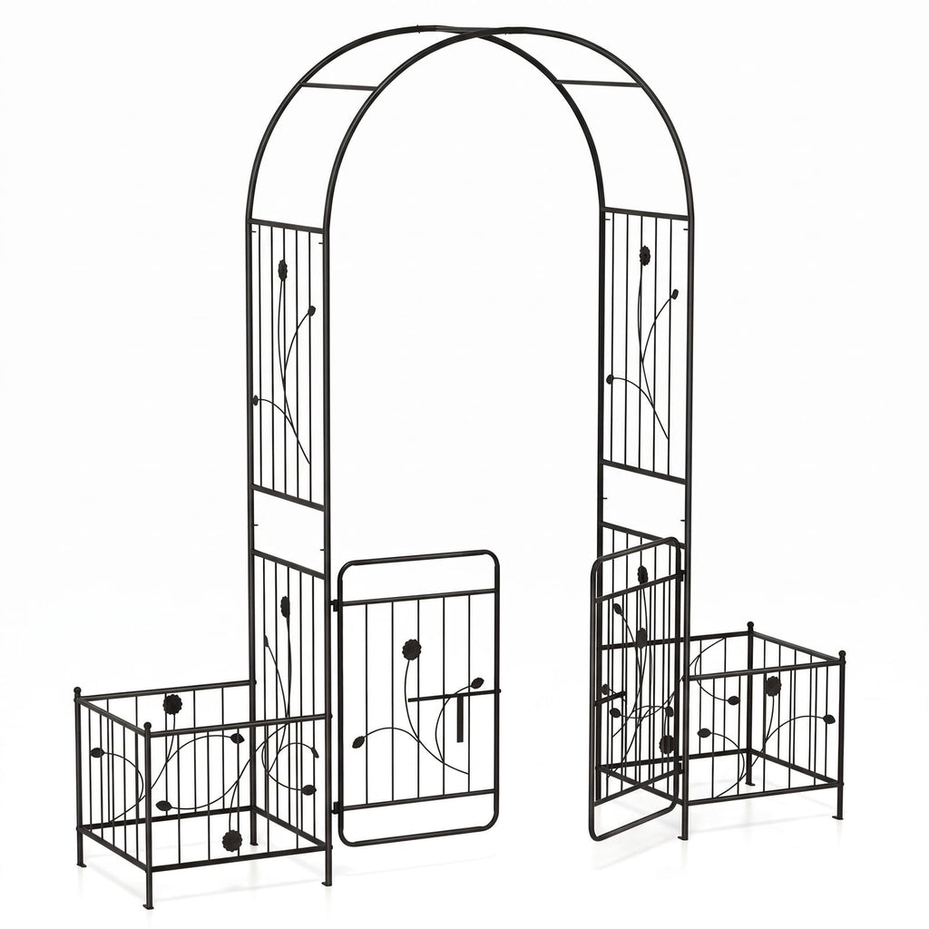 Airfind 87 Inches Garden Arbor with Lockable Gate Side Planters, Metal Frame, 80 x 20 x 87 Footprint, Black
