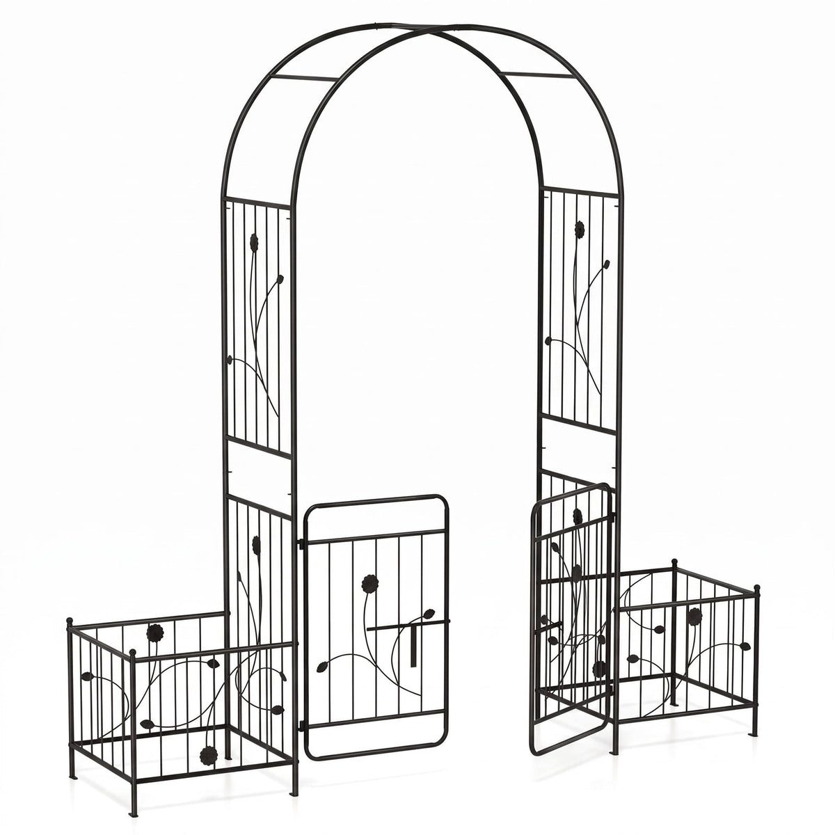 Airfind 87 Inches Garden Arbor with Lockable Gate Side Planters, Metal Frame, 80 x 20 x 87 Footprint, Black