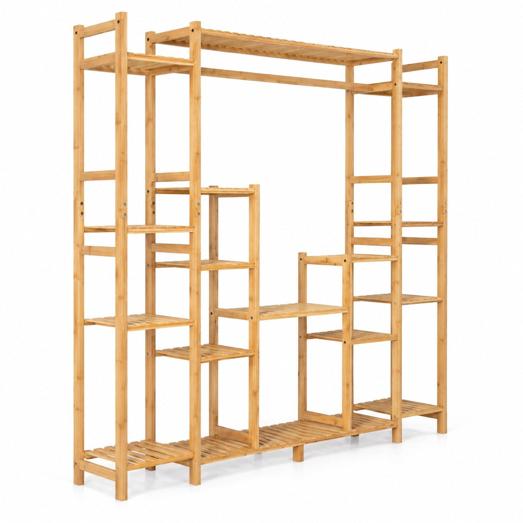 Airfind 9, Bamboo Frame, 66 X 12 X 65.5 (L x W x H) Load capacity of each shelf: 22 lbs Load capacity of hanging rack: 11-22 lbs Footprint