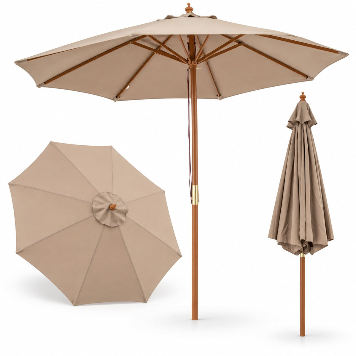 Airfind 9 FT Patio Umbrella Outdoor Table Market Umbrella with 8 Sturdy Bamboo Ribs, Polyester Fabric Bamboo Umbrella Frame, Brown