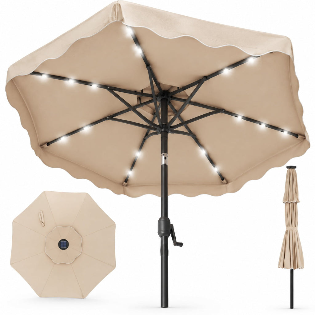 Airfind 9 FT Solar LED Patio Umbrella Push-Button Tilt and Crank 24 LED Lights and 8 Ribs, Polyester Fabric Metal Frame, 9 x 8.2 ft Footprint, Beige