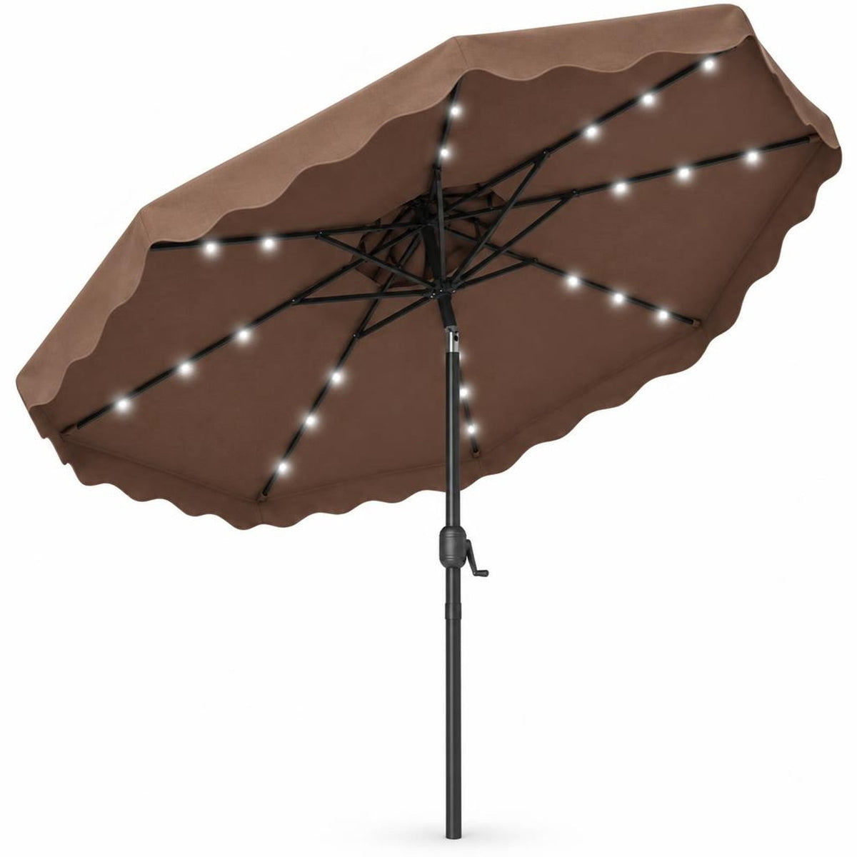 Airfind 9 FT Solar LED Patio Umbrella Push-Button Tilt and Crank 24 LED Lights and 8 Ribs, Polyester Fabric Metal Frame, 9 x 8.2 ft Footprint, Brown