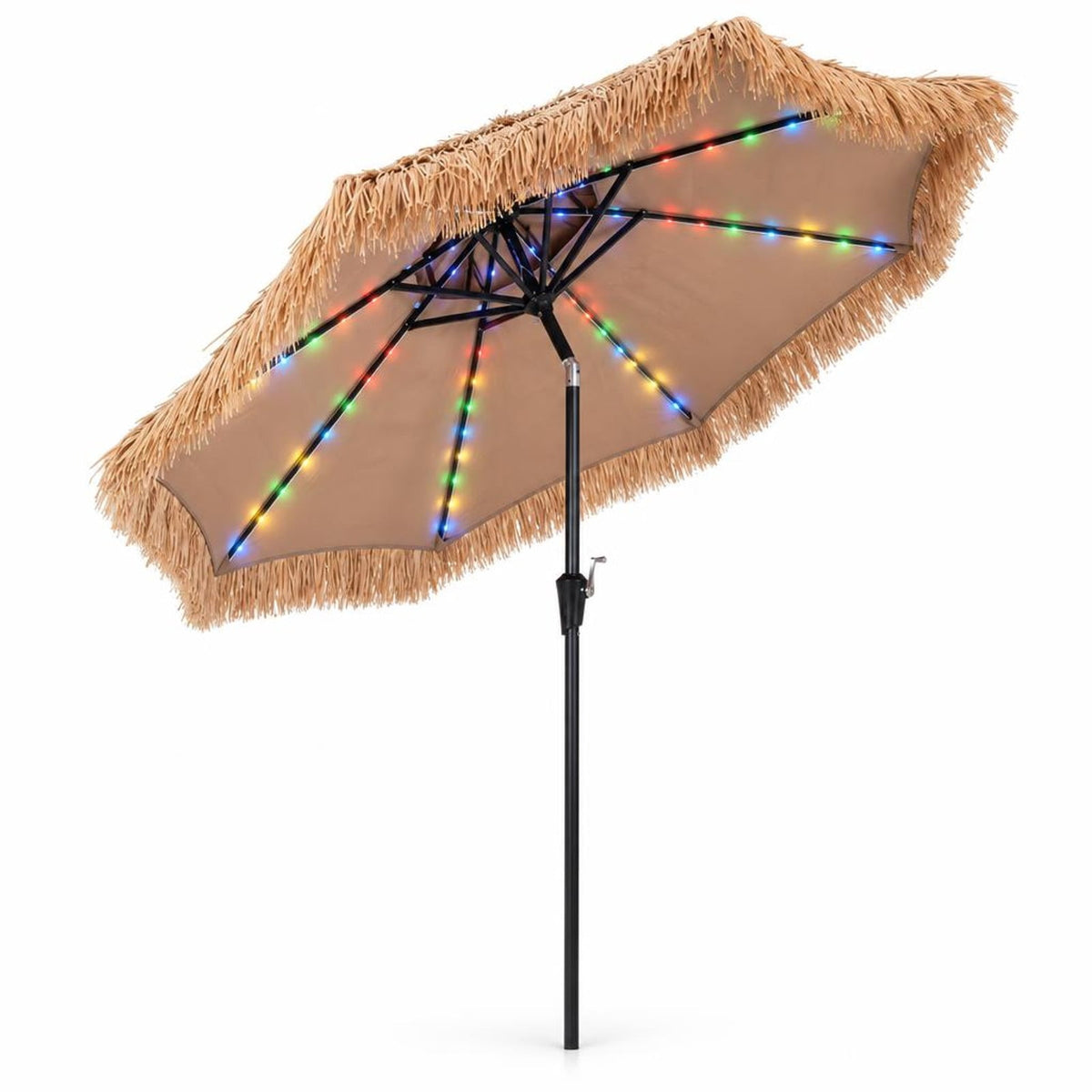 Airfind 9 FT Solar Thatched Tiki Umbrella with 96 Multi-colored Flowing Lights and 12 Modes, PE Thatch Polyester Fabric Metal Frame, Beige
