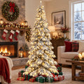 Airfind 9 Feet Pre-Lit Artificial Xmas Tree Hinged Xmas Tree with Quick Power Connectors, PVC Metal Frame, 4.4 x 9 ft Footprint, White