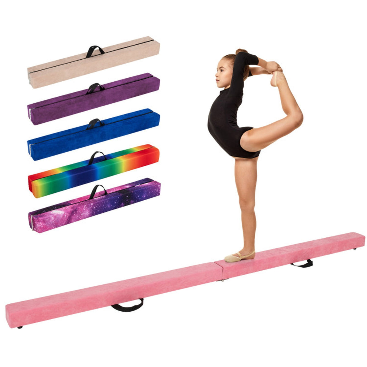 Airfind 9 ft Folding Gymnastics Balance Beam with Suede Cover, Pine Wood Core and Non-Slip Mat, Pink