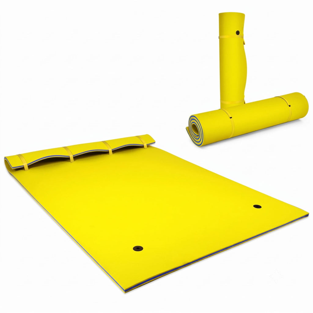 Airfind 9 x 6 3 Layer Floating Water Pad Roll Up Foam Mat with 2 Bungee Tethers and Rolled Pillow Edge for Lake Pool and Beach, Yellow