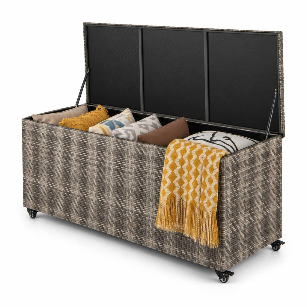 Airfind 96 Gallon PE Wicker Outdoor Storage Box with 4 Wheels, PE Rattan PP Board Metal Polyester Frame, 52 x 22 x 25 Footprint, Gray