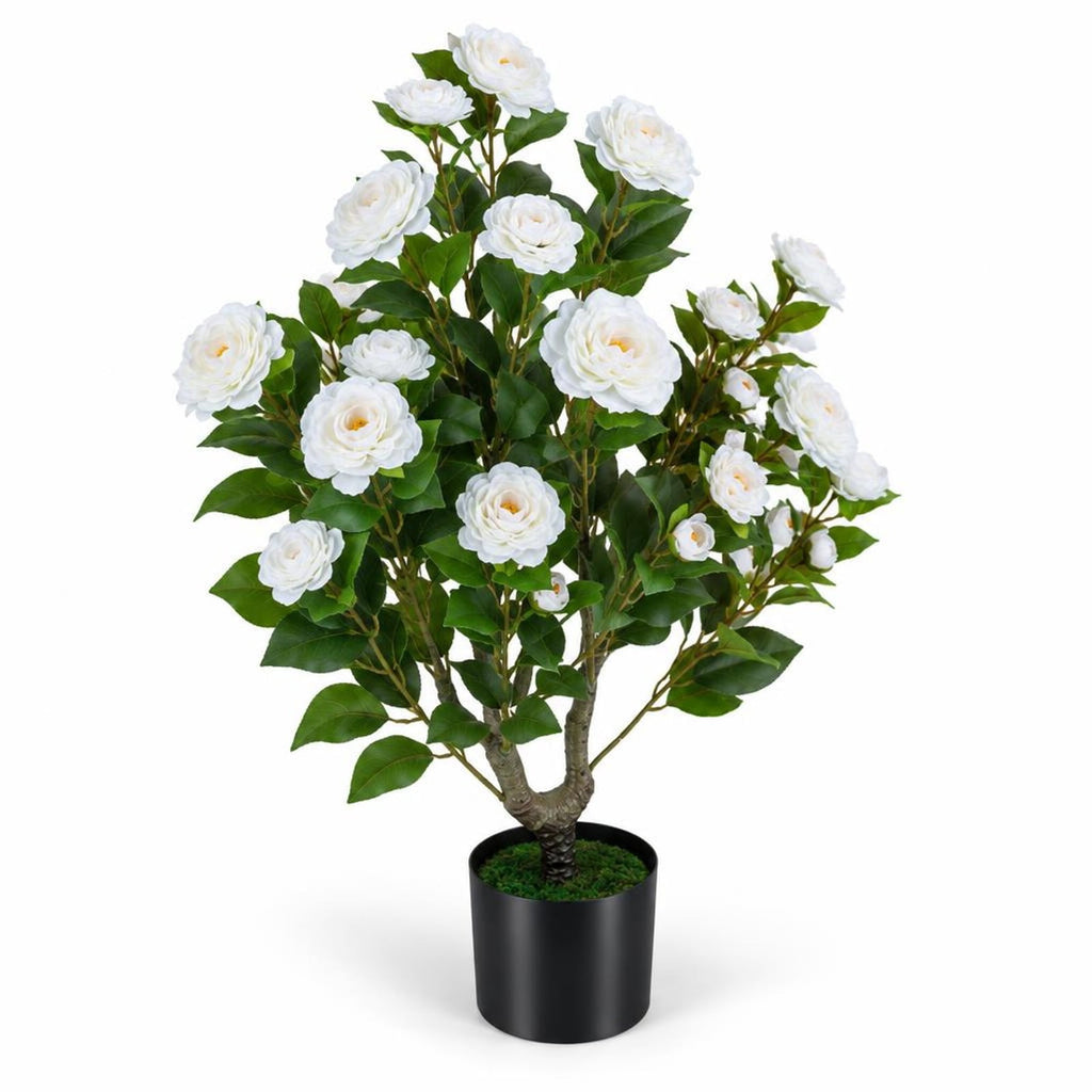 AIRFIND Artificial Camellia Tree, 35.5 in Faux Flower Plant with 24 Blossoms, 174 Leaves and Cement-Filled Pot for Home Decor, White