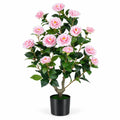Airfind Artificial Camellia Tree Faux Flower Plant in Cement-Filled Pot, PE PP Cement Overall Height 35.5 Flower Pot Height 5 Flower Pot Frame