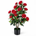 Airfind Artificial Camellia Tree Faux Flower Plant in Cement-Filled Pot=Red, PE PP Cement Overall Height 35.5 Flower Pot Height 5 Flower Pot Frame