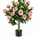 Airfind Artificial Camellia Tree with 27 Blossoms in Cement Pot for Home-Set of 1, Pink Green Black