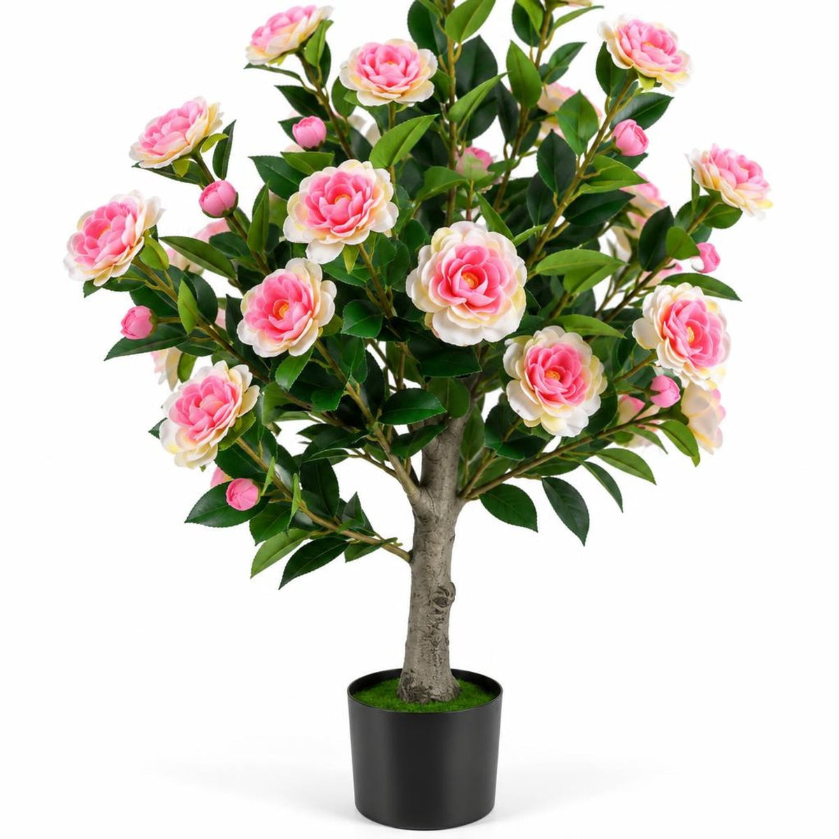 Airfind Artificial Camellia Tree with 27 Blossoms in Cement Pot for Home-Set of 1, Pink Green Black