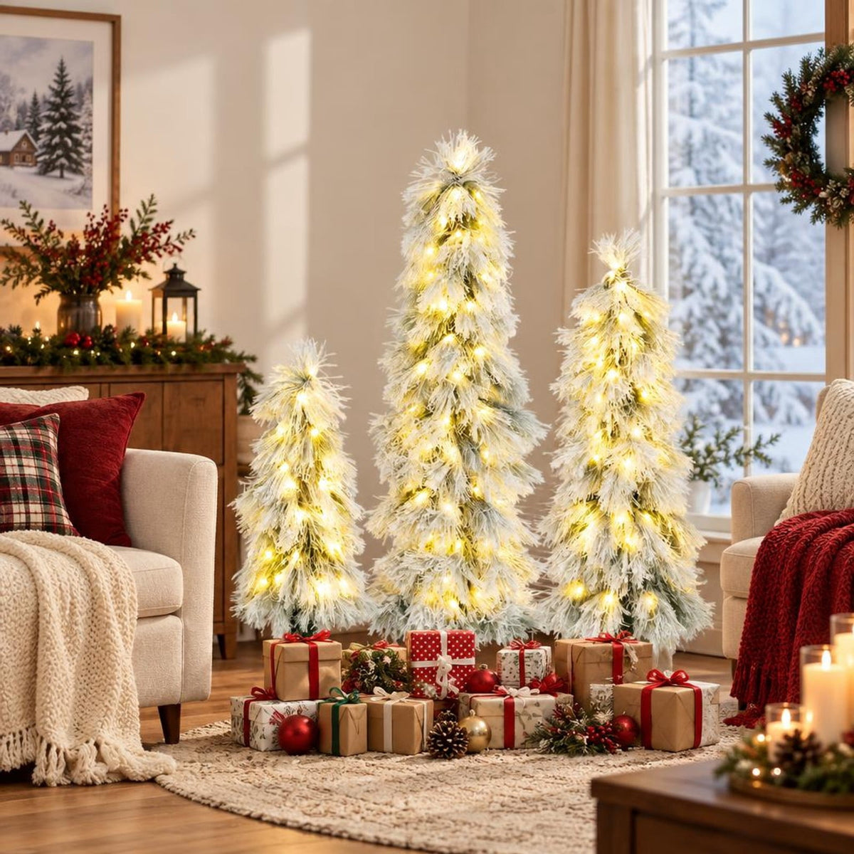 Airfind Artificial Christmas Tree Set of 3 with Snow, PVC Metal Tree Height 3 ft Tree Width 12 Base Frame, Green + White