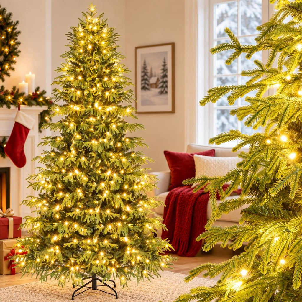 Airfind Artificial Christmas Tree with LED Lights and PVC Mixed Branch Tips-8 Feet, Green, Diameter of Stand 18 Inch /18 Inch /24 Inch