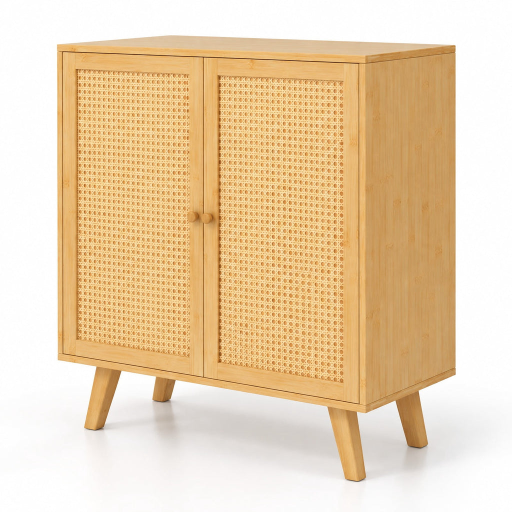Airfind Bamboo Buffet Storage Cabinet with PE Rattan Doors and Freestanding Kitchen Cupboard, 110 lbs Capacity, Bamboo PE Rattan Frame, Natural