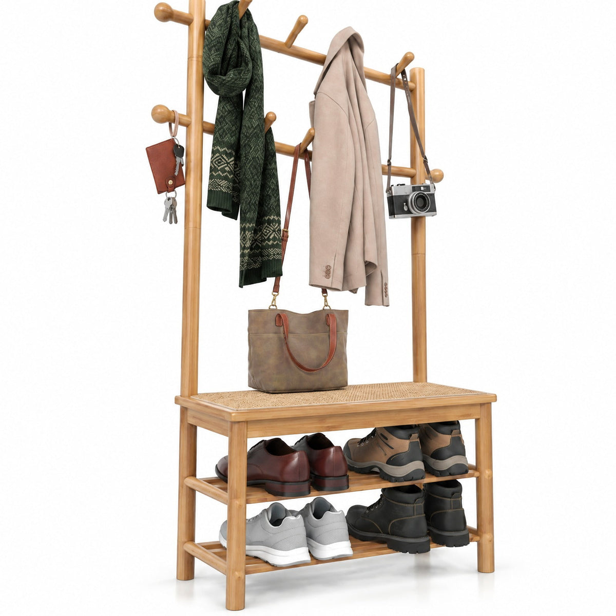 Airfind Bamboo Coat Rack PE Rattan Hall Tree with Bench and Shoe Storage 3-In-1 Entryway Bench, 11 Lbs Capacity, Bamboo PE Rattan, Natural