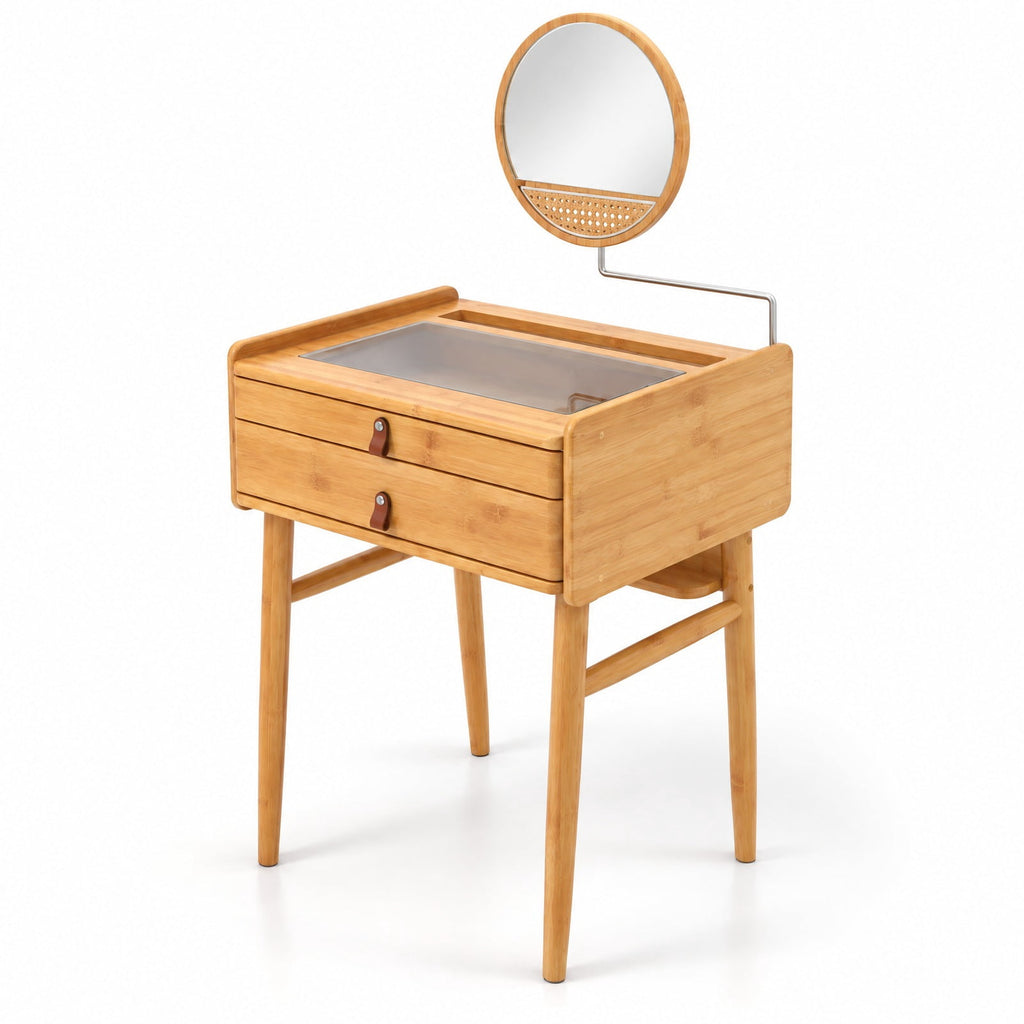 Airfind Bamboo Makeup Vanity Table with Mirror with 2 Storage Drawers, 22 lbs Capacity, Bamboo Glass Stainless Steel Frame, Natural