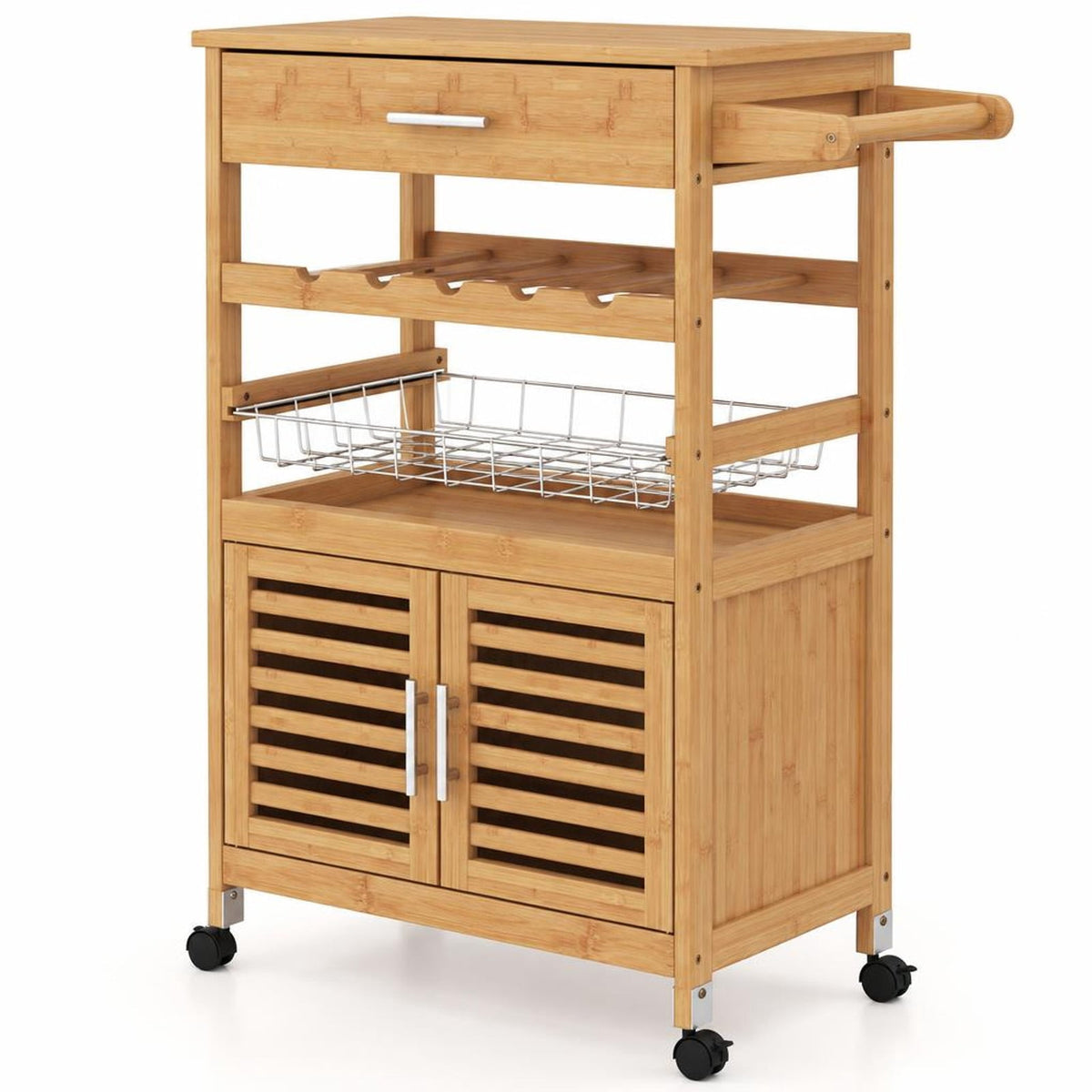 Airfind Bamboo Rolling Kitchen Island Trolley with Storage Cabinet and Wine Rack, 66 lbs Capacity, Bamboo Engineered Wood Metal Frame, Natural