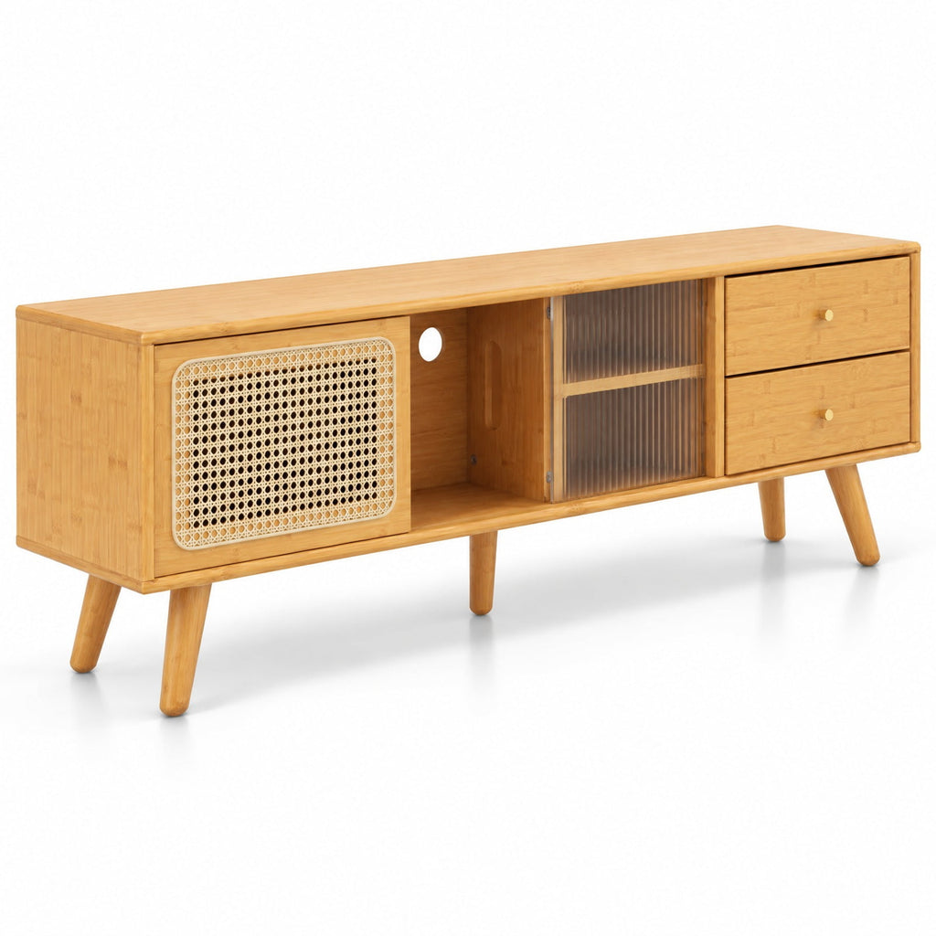 Airfind TV Stand, Bamboo, for TV up to 65 Inch, 155 lbs Capacity, Wood PE Rattan Glass Frame, 55 Inch x 12 Inch x 18 Inch Interior Footprint, Natural