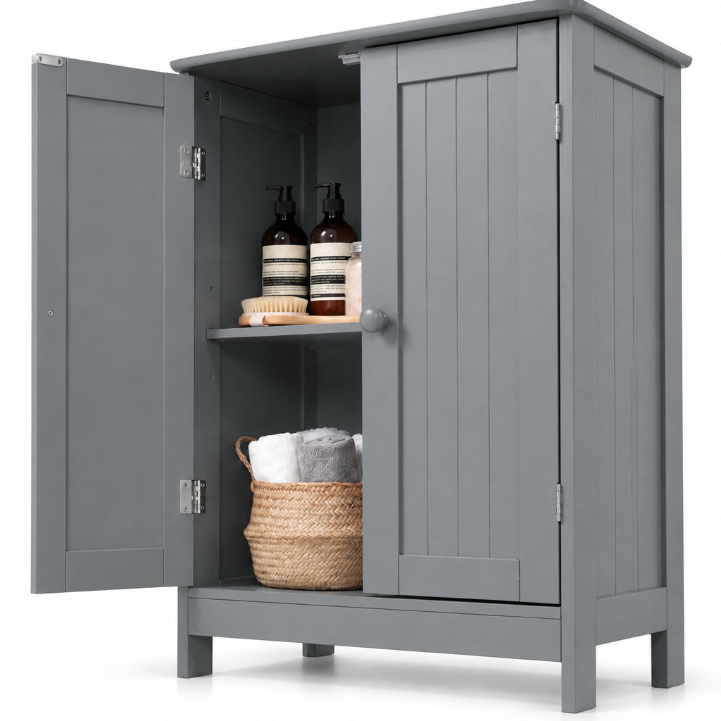 Airfind Bathroom Floor Storage Double Door Cupboard Cabinet, 22 lbs Capacity, MDF Frame, 24in x 14in x 34.5in Footprint, Gray