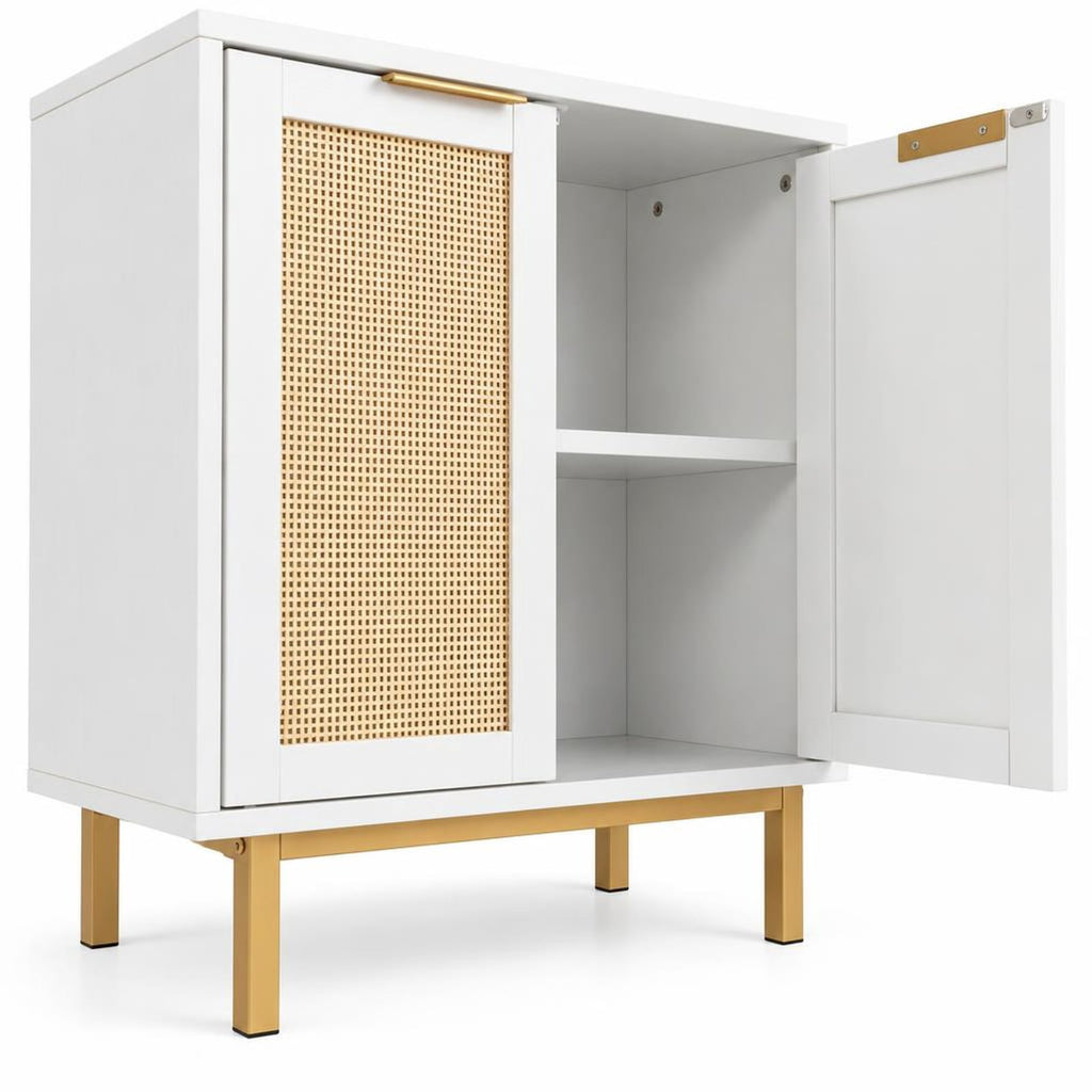 Airfind Bathroom Vanity Cabinet with U-Shaped Cut-Out 2 Rattan Doors and Shelf, 66 Lbs Capacity, Engineered Wood Metal Rattan, White
