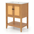 Airfind Bathroom Vanity with Ceramic Sink 2 Rattan Doors and Slatted Shelf, 70 lbs Capacity, Acacia Wood PE Rattan Ceramic Frame, White + Natural