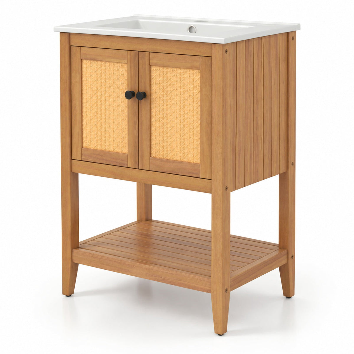 Airfind Bathroom Vanity with Ceramic Sink 2 Rattan Doors and Slatted Shelf, 70 lbs Capacity, Acacia Wood PE Rattan Ceramic Frame, White + Natural