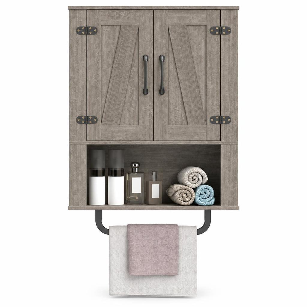 Airfind Bathroom Wall Cabinet with 2 Barn Doors and Towel Bar and 3-Tier Wooden Storage, 11 lbs Capacity, Engineered Wood MDF Metal Frame, Gray