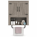Airfind Bathroom Wall Cabinet with 2 Barn Doors and Towel Bar and 3-Tier Wooden Storage, 11 lbs Capacity, Engineered Wood MDF Metal Frame, Gray