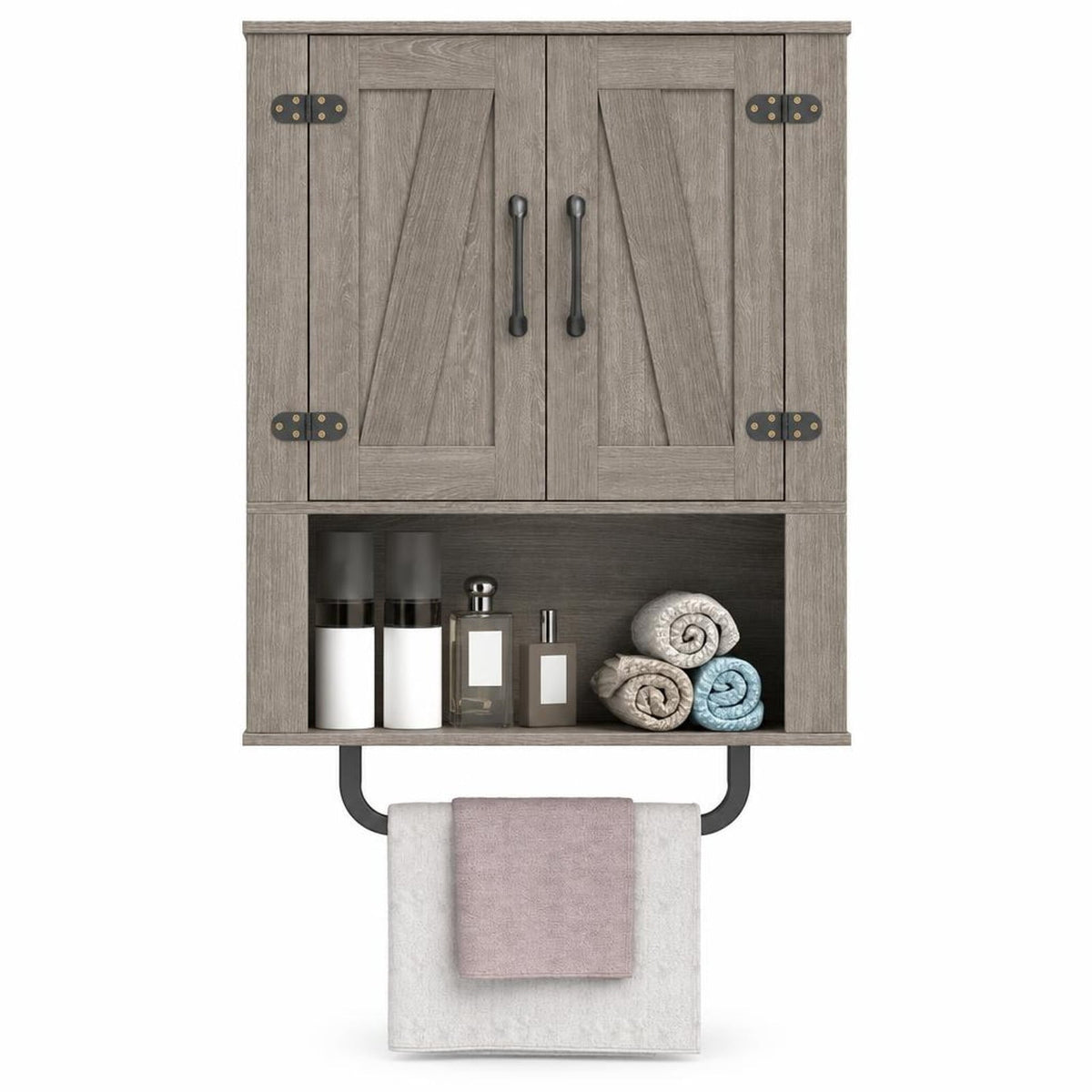Airfind Bathroom Wall Cabinet with 2 Barn Doors and Towel Bar and 3-Tier Wooden Storage, 11 lbs Capacity, Engineered Wood MDF Metal Frame, Gray