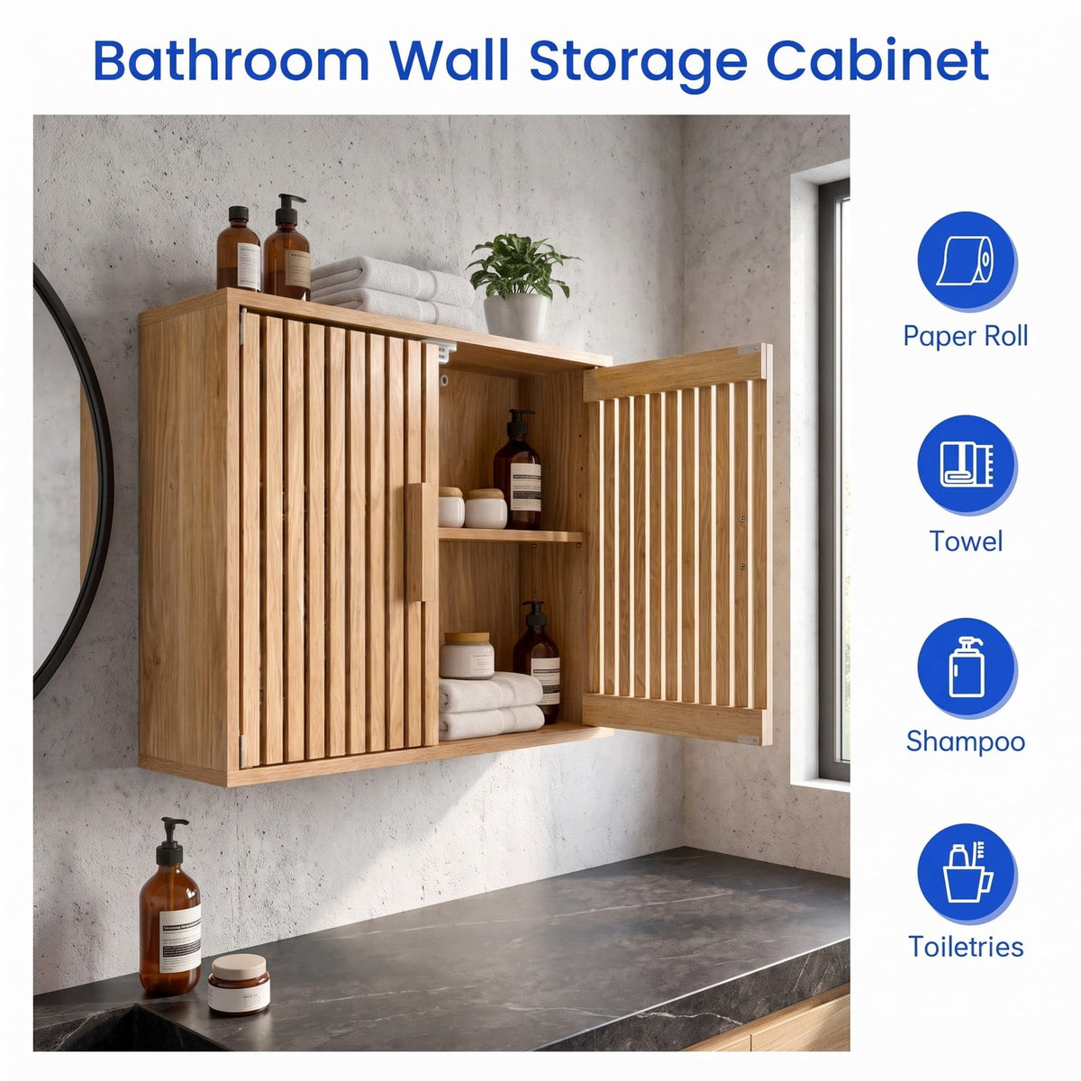 Airfind Bathroom Wall Cabinet with 2 Slatted Doors and 3-Level Adjustable Shelves, 22 lbs Capacity, Engineered Wood Frame, 24 x 8 x 20 Footprint