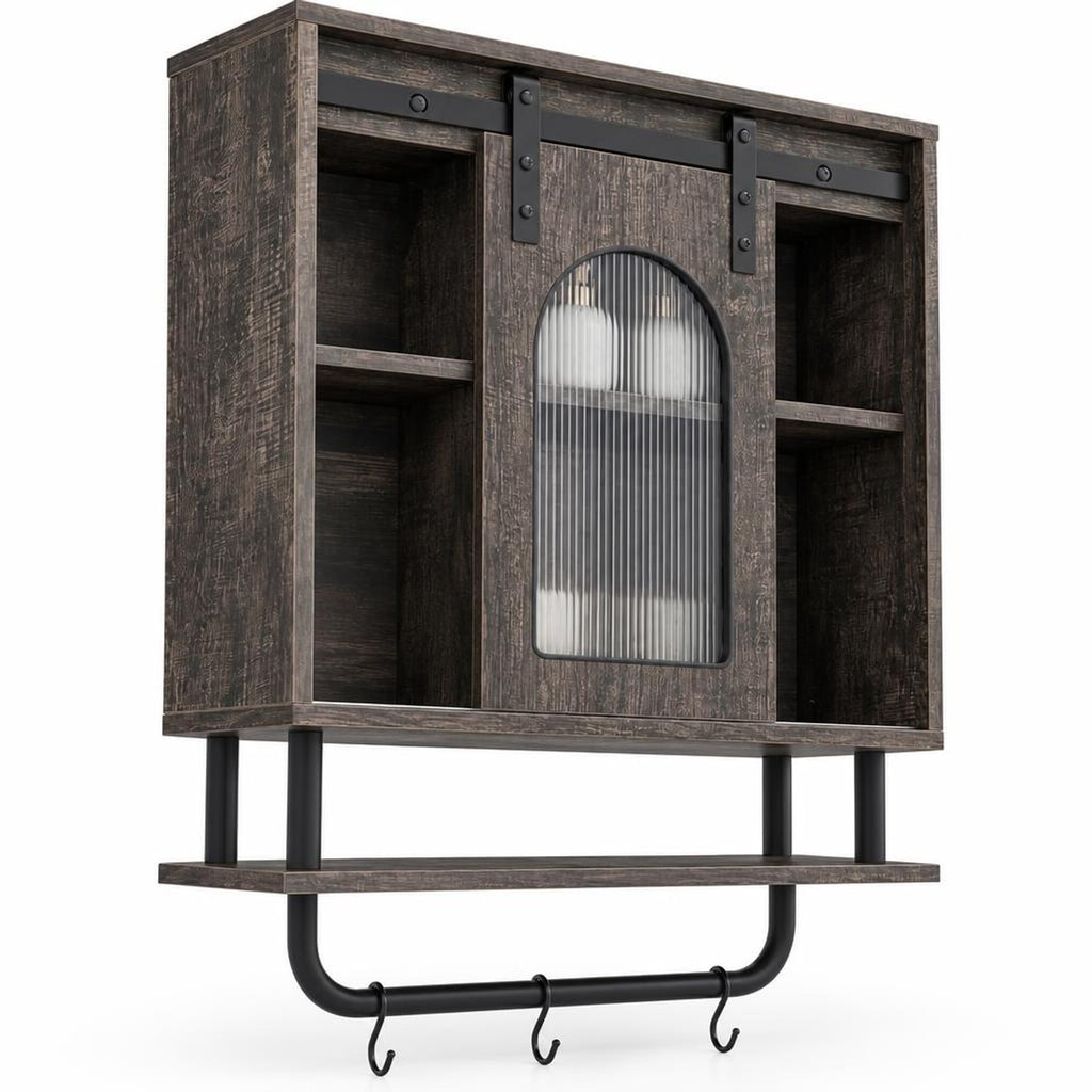 Airfind Bathroom Wall Cabinet with Sliding Barn Door and Metal Hanging Bar with 3 Hooks, 22 Lbs Capacity, Engineered Wood MDF Metal PC, Black