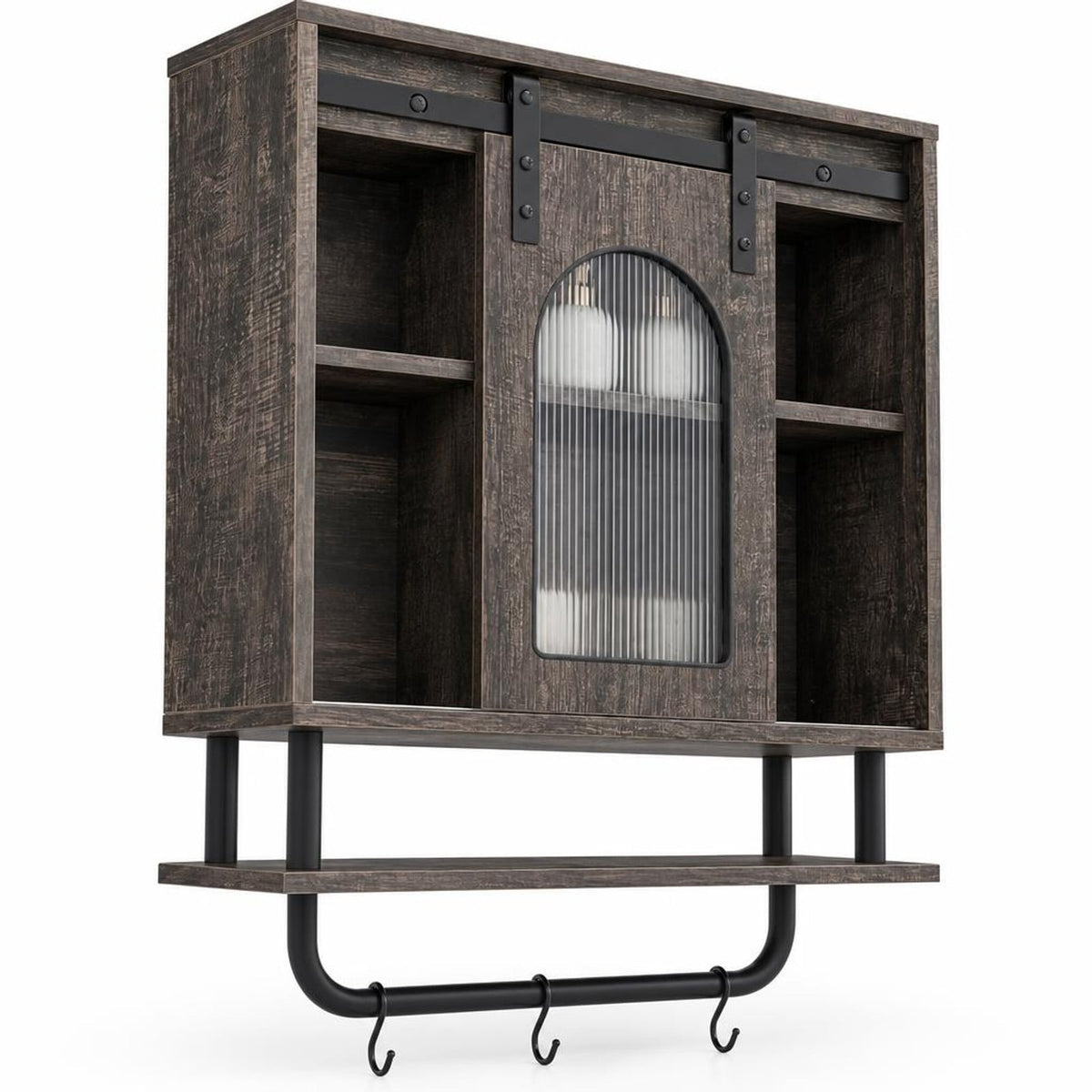 Airfind Bathroom Wall Cabinet with Sliding Barn Door and Metal Hanging Bar with 3 Hooks, 22 Lbs Capacity, Engineered Wood MDF Metal PC, Black