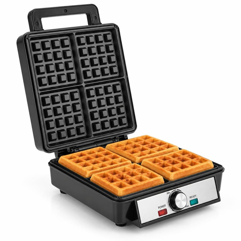 Airfind Belgian Waffle Maker 4-Slice 1200W with Browning Knob and Nonstick Plates-Black and Silver, Aluminum Frame, 12.5in x 9.5in x 4.5in Footprint