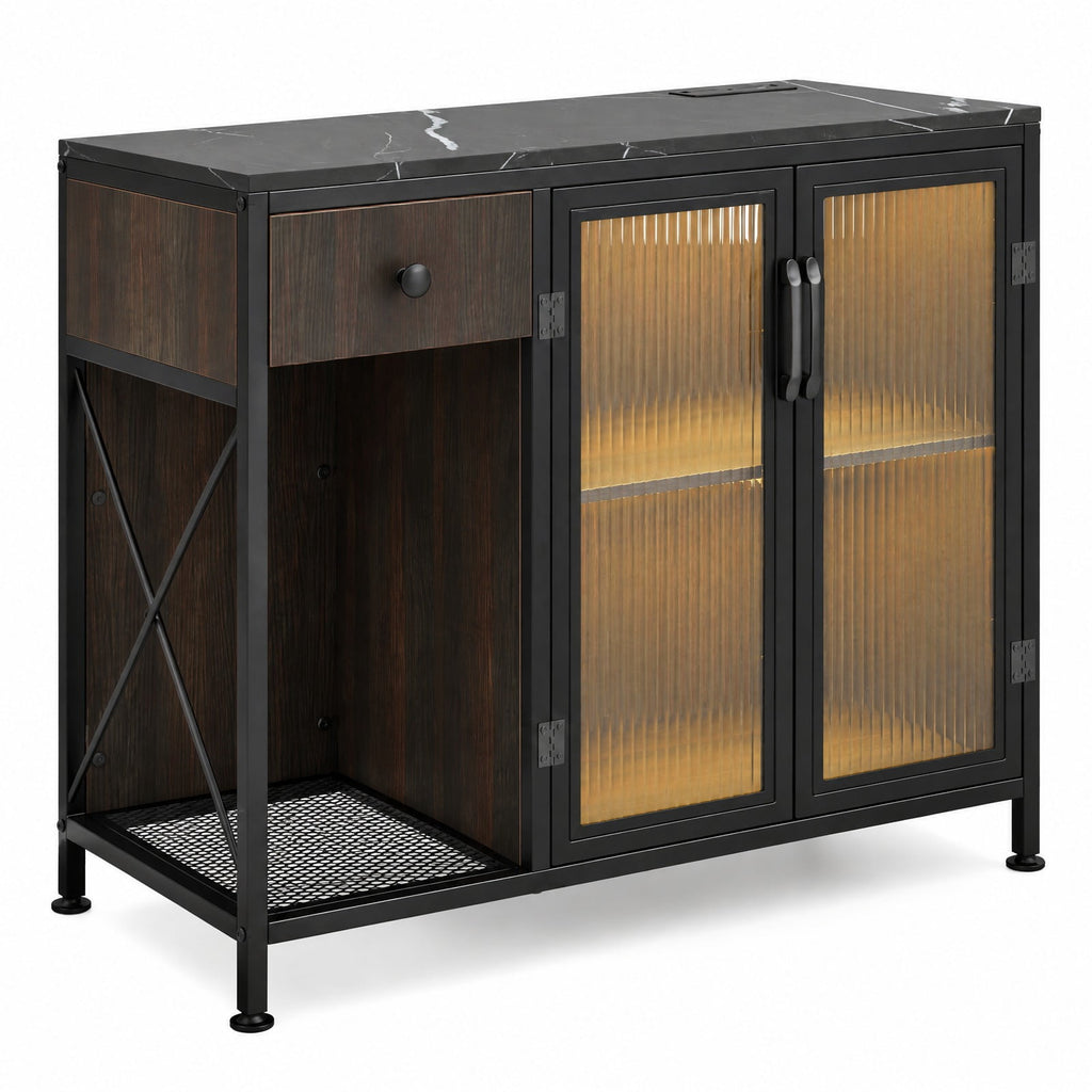 Airfind Buffet Sideboard with Doors, Power Outlets and LED Light, 110 lbs Capacity, Engineered Wood Cabinet for Dining Room, Black