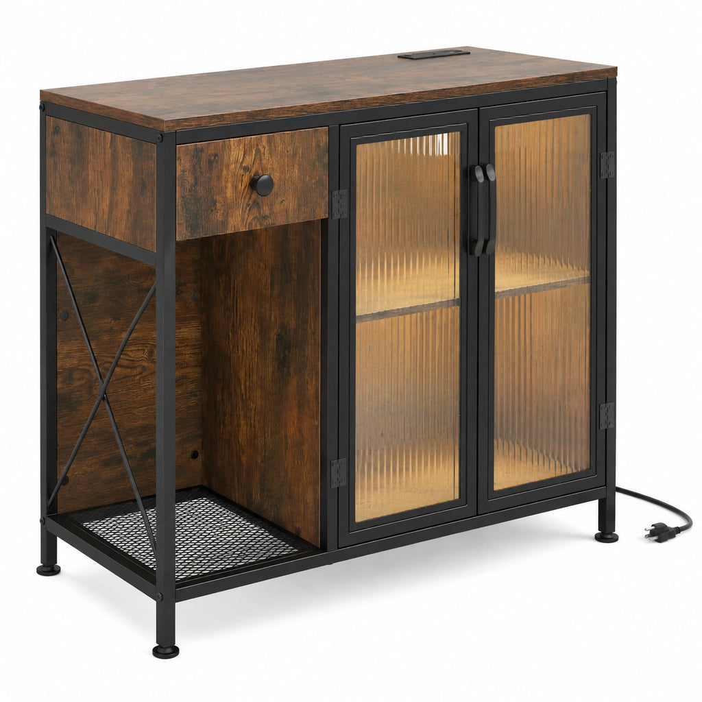 Airfind Buffet Sideboard with Doors, Power Outlets and LED Light, 110 lbs Capacity, Engineered Wood Cabinet for Dining Room, Brown
