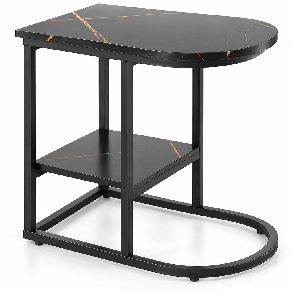 Airfind C-shaped Modern Sofa Side Table with Faux Marble Tabletop and Storage Shelf, 66 lbs Capacity, Engineered Wood Metal Frame, Black