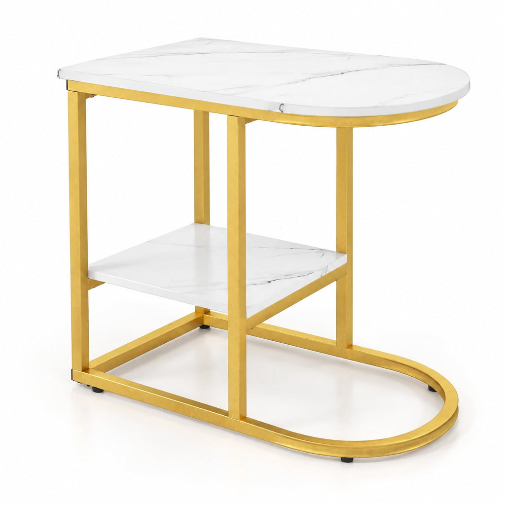 Airfind C-shaped Modern Sofa Side Table with Faux Marble Tabletop and Storage Shelf, 66 lbs Capacity, Engineered Wood Metal Frame, White