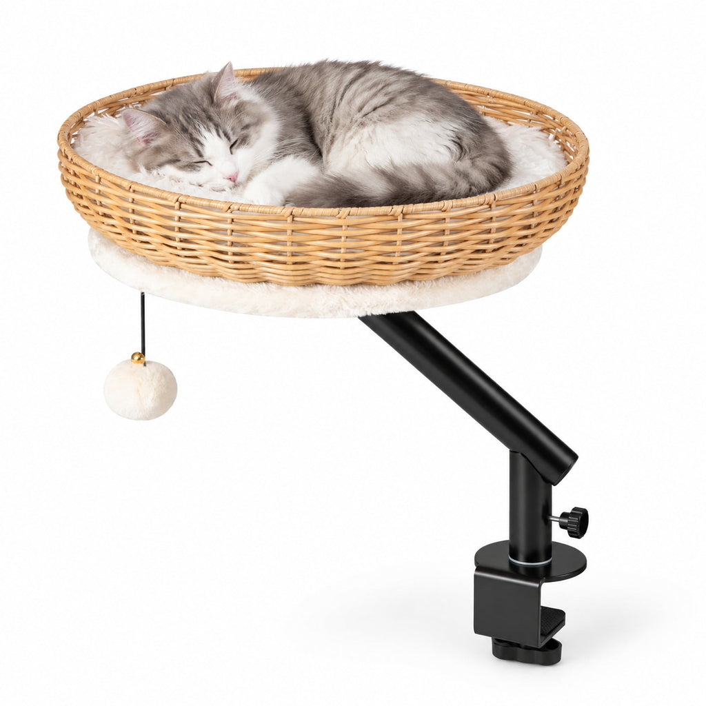 Airfind Cat Desk Bed with Removable Padded Cushion for Indoor Cats, 22 lbs Capacity, PE Rattan Metal MDF Plush Fabric Frame, Natural