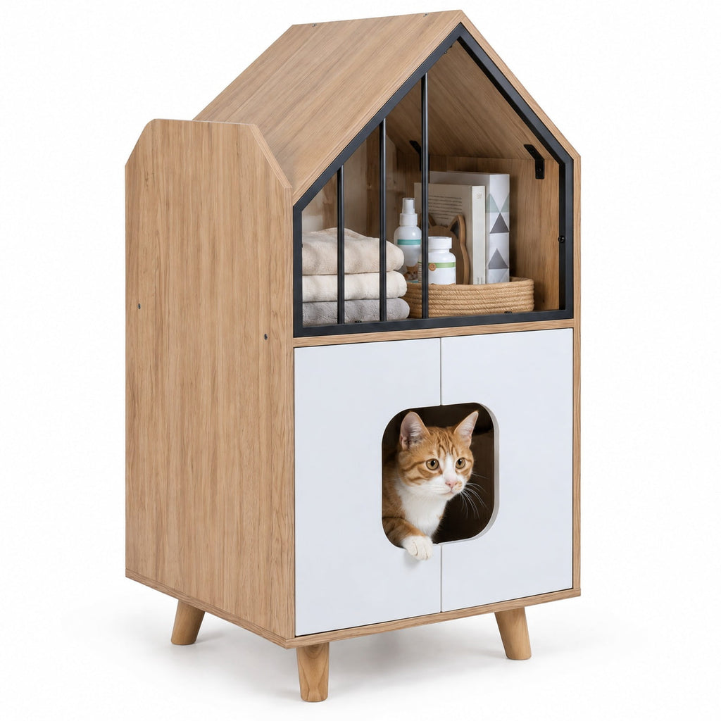 Airfind Cat Litter Box Enclosure, with Shelf and 2 Doors Wooden House, 44 lbs Capacity, Engineered Wood Rubber Wood Metal Frame, Natural