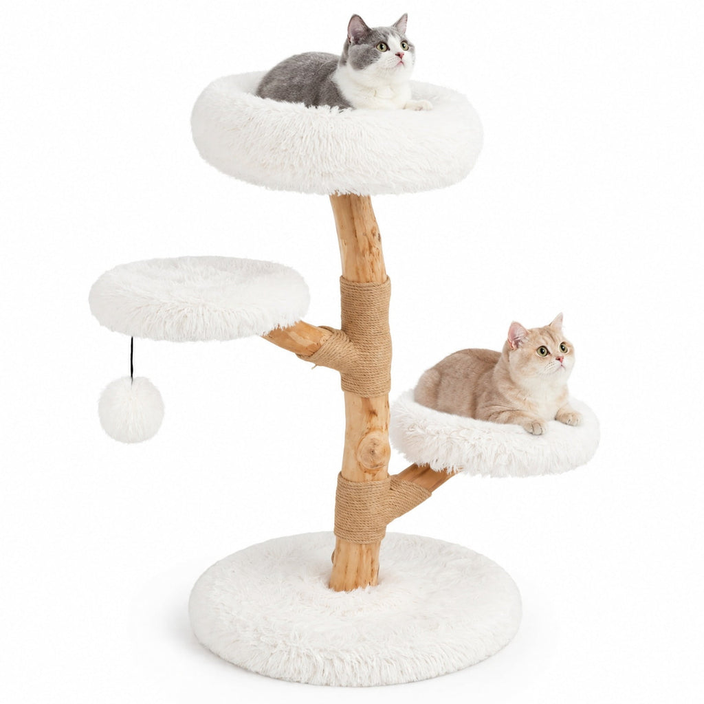 Airfind Cat Tree Solid Pear Wood with Perch and Natural Jute Scratching Posts, 22 lbs Capacity, Pear Wood Jute Long Plush Fabric Frame, White