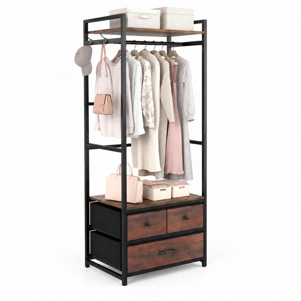 Airfind Clothes Rack with Drawers and Shelves with Side Hooks and Metal Frame, 22 lbs Capacity, Metal Engineered Wood Fabric Frame, Brown