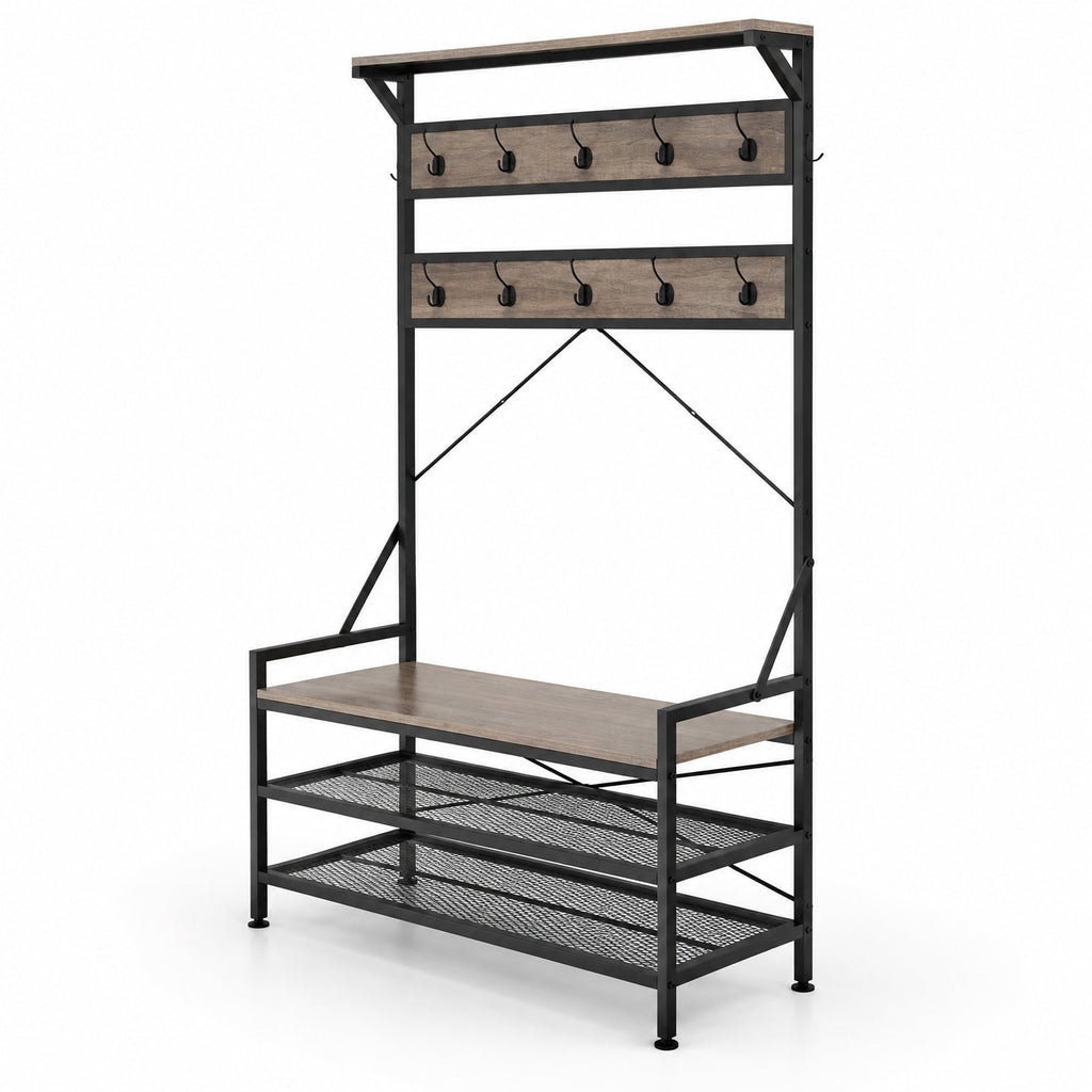 Airfind Coat Rack 4-In-1 Hall Tree with 11 Hanging Hooks Shoe Bench, 341 lbs Capacity, Engineered Wood Metal Frame, 40 x 16 x 72.5 Footprint
