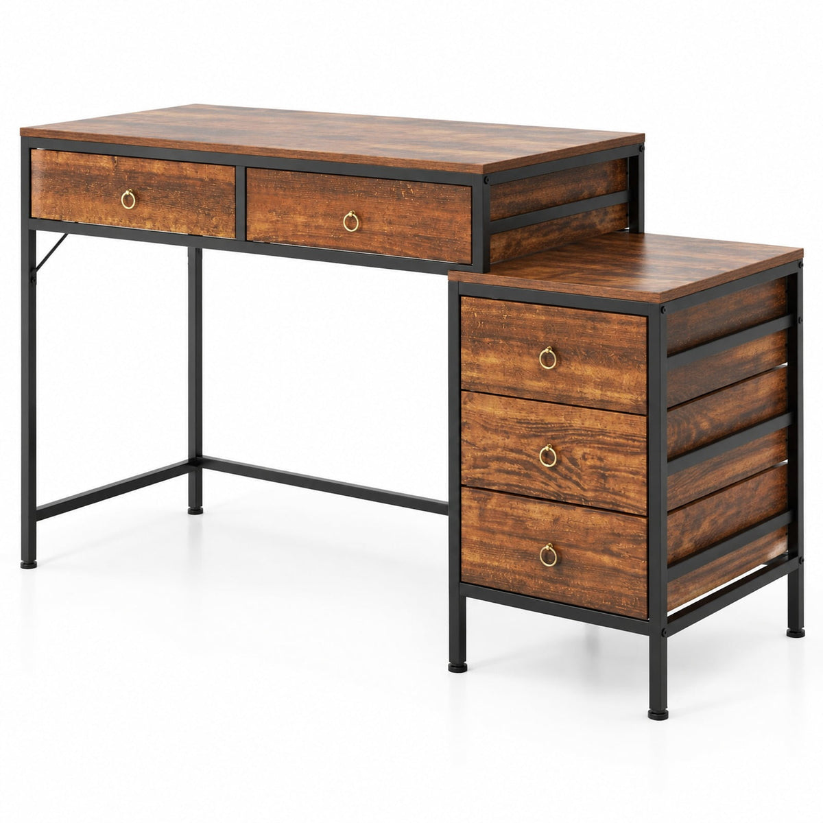 Airfind Computer Desk with 5 Drawers Home Office Desk with Side File Cabinet, 380 lbs Capacity, Engineered Wood Metal MDF Frame, Brown