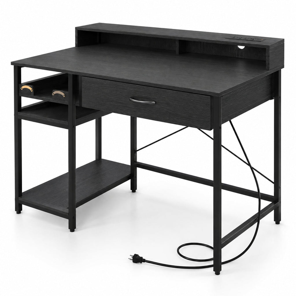 Airfind Computer Desk with Power Outlets 42inch Writing Desk with Hutch Drawer and 2 Open Shelves, 110 lbs Capacity, Engineered Wood Metal Frame