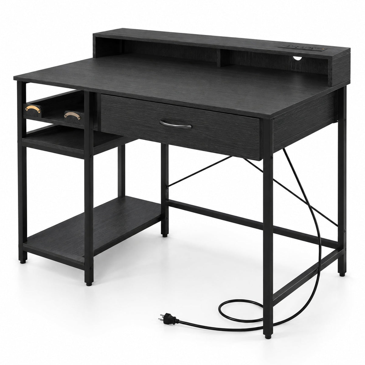 Airfind Computer Desk with Power Outlets 42inch Writing Desk with Hutch Drawer and 2 Open Shelves, 110 lbs Capacity, Engineered Wood Metal Frame