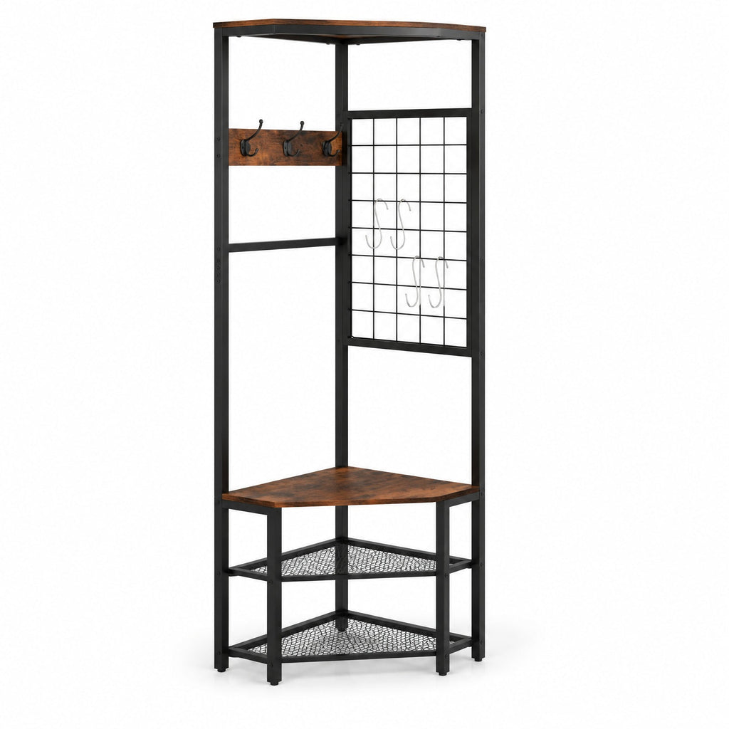 Airfind Corner Hall Tree Freestanding Coat Rack with Storage Shelves Removable Hooks, 220 lbs Capacity, Engineered Wood Metal Frame, Brown