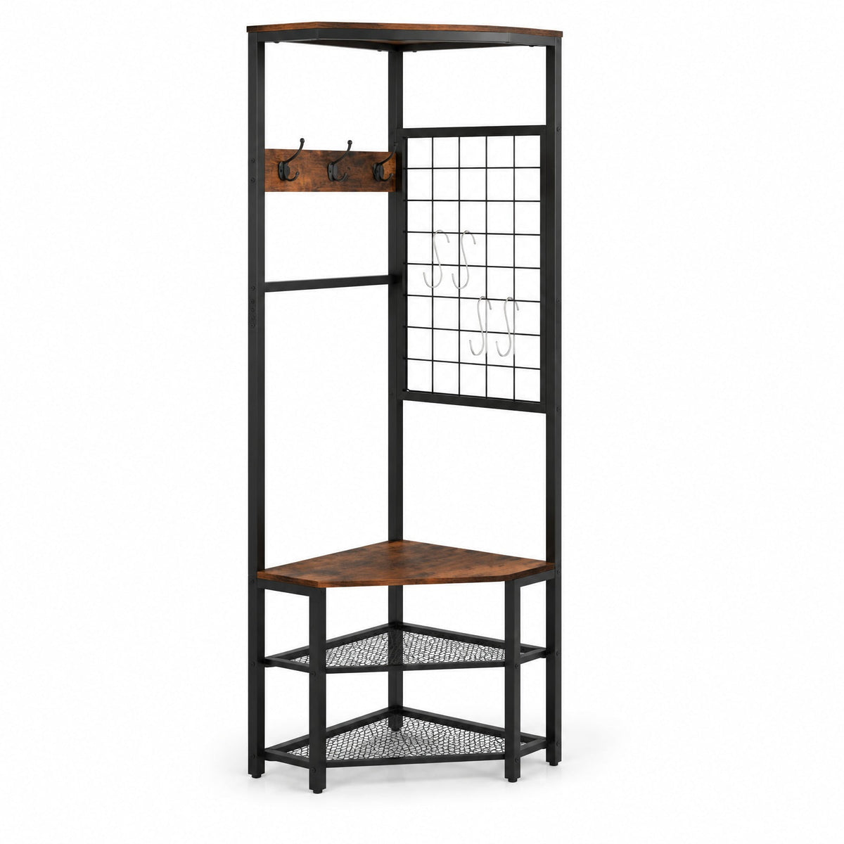 Airfind Corner Hall Tree Freestanding Coat Rack with Storage Shelves Removable Hooks, 220 lbs Capacity, Engineered Wood Metal Frame, Brown